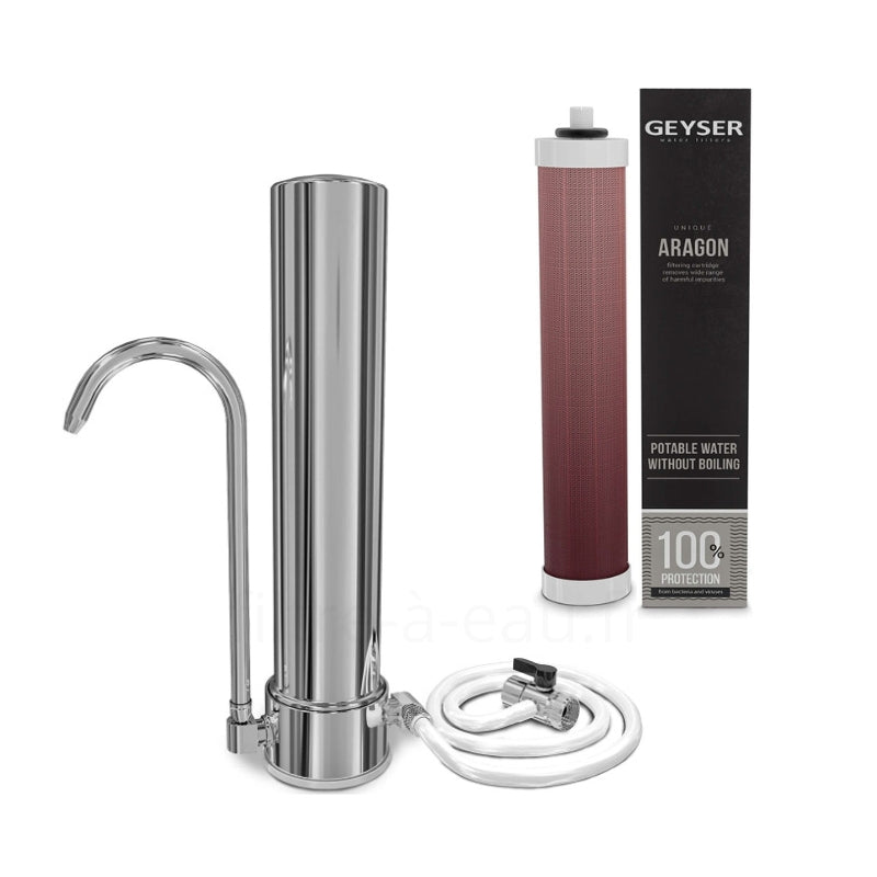 Purificateur d’eau sur évier Aragon AQUA Geyser en inox spécial cuisine avec sa cartouche ARAGON GEYSER