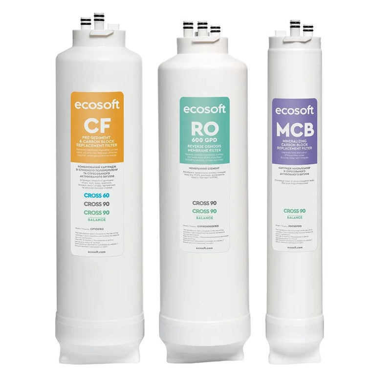 Cartouches de remplacement Ecosoft CROSS 90 Balance — préfiltre CF, MCB minéralisant, membrane 600 GPD