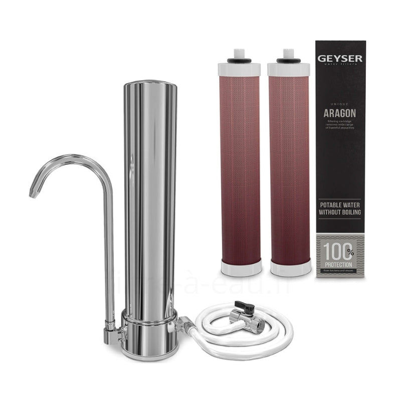 Purificateur d’eau sur évier Aragon AQUA Geyser en inox spécial cuisine avec deux cartouches ARAGON GEYSER en promotion