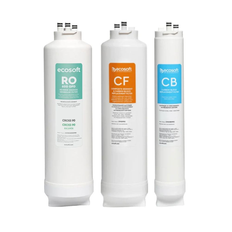 Cartouches de remplacement Ecosoft CROSS 90 — lot 3, lot 6 ou unité, préfiltre CF, charbon CB, membrane 600 GPD