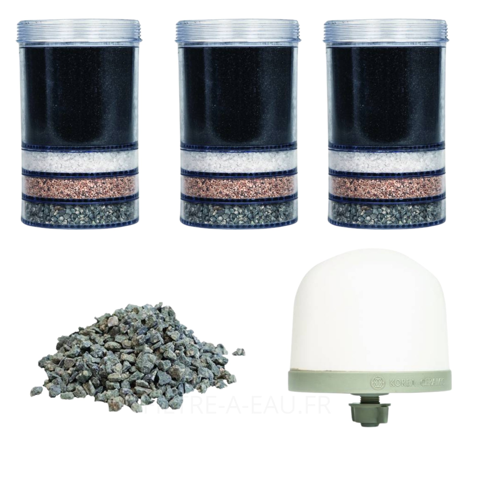 Kit de recharge pour fontaine à eau fontaine eva pour 18 mois de tranquillité : 3 cartouches filtrantes, 1 filtre en céramique et 1 minéraux
