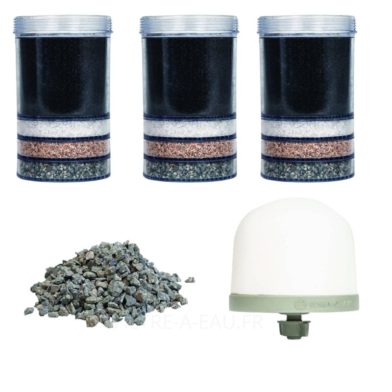 Kit de recharge pour fontaine à eau fontaine eva pour 18 mois de tranquillité : 3 cartouches filtrantes, 1 filtre en céramique et 1 minéraux